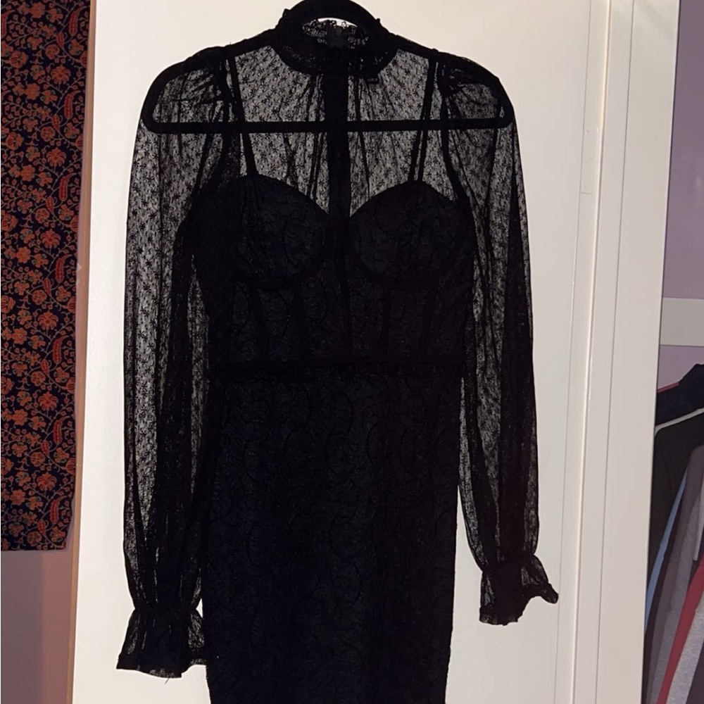 EUC Stunning Windsor Black Lace LS Cocktail Evening Homecoming Dress Small